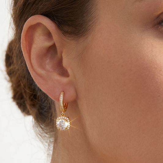 Princess Square Crystal Stud Earrings – White & Gold