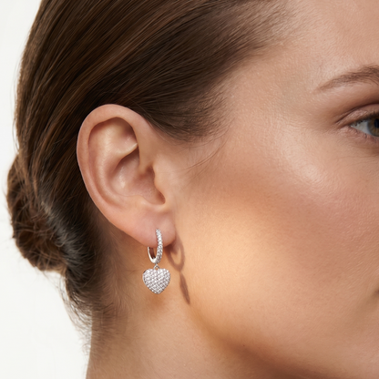Copper Zircon Diamond Drop Earrings with diamond-studded heart pendant on hoop