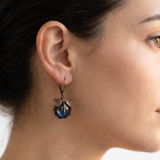 Earrings: gold dragonfly pendant with blue bead, vintage boho Chakra style