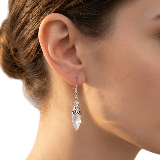 Moonstone crystal drop earrings in 925 silver with ornate cap