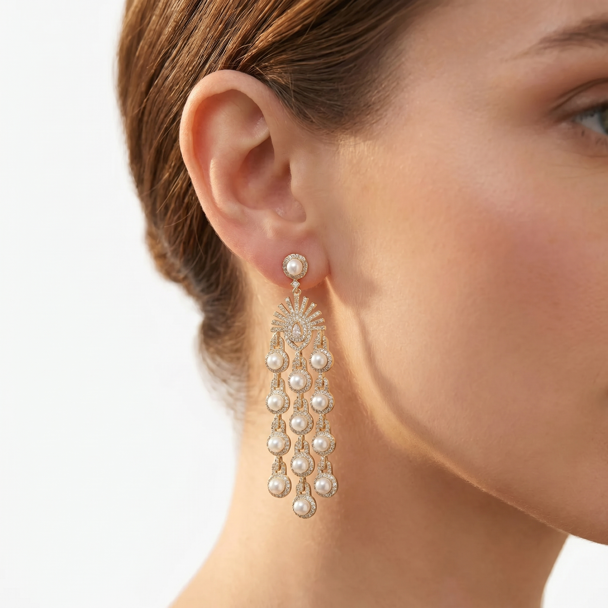 Micro Inlay Zircon Beaded Fringe Earrings by cj, gold-tone with pearl accents