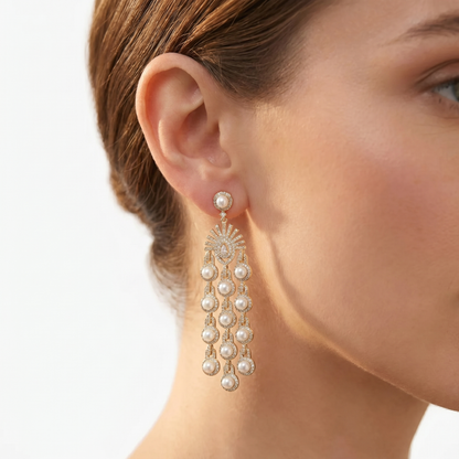 Micro Inlay Zircon Beaded Fringe Earrings by cj, gold-tone with pearl accents