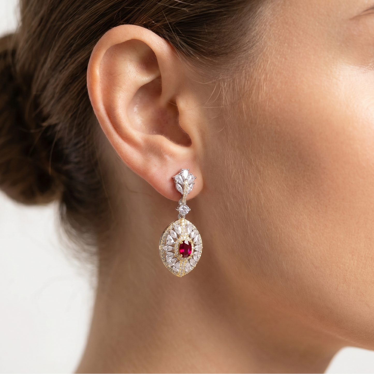 Natural Magnesia Aluminum Garnet Earrings; gold-tone drop earrings with red garnet centerpiece surrounded by crystals