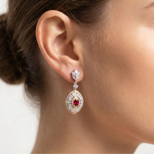 Natural Magnesia Aluminum Garnet Earrings; gold-tone drop earrings with red garnet centerpiece surrounded by crystals