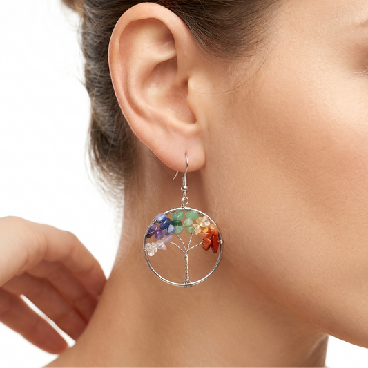 Natural crystal tree earrings with multicolor chip beads on a silver wire hoop
