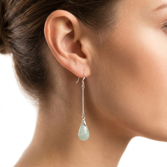 Jade earrings for women featuring a natural green jade teardrop pendant on a silver chain.
