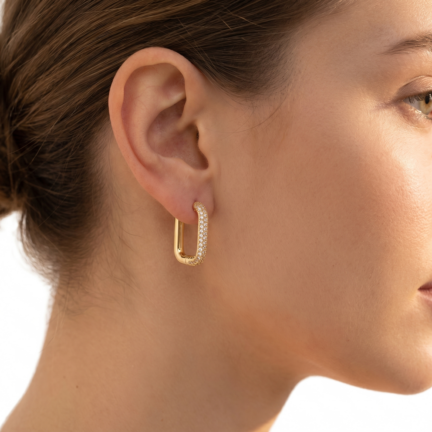 Geometric square zircon hoop earrings in gold-tone with pave stones along the edge
